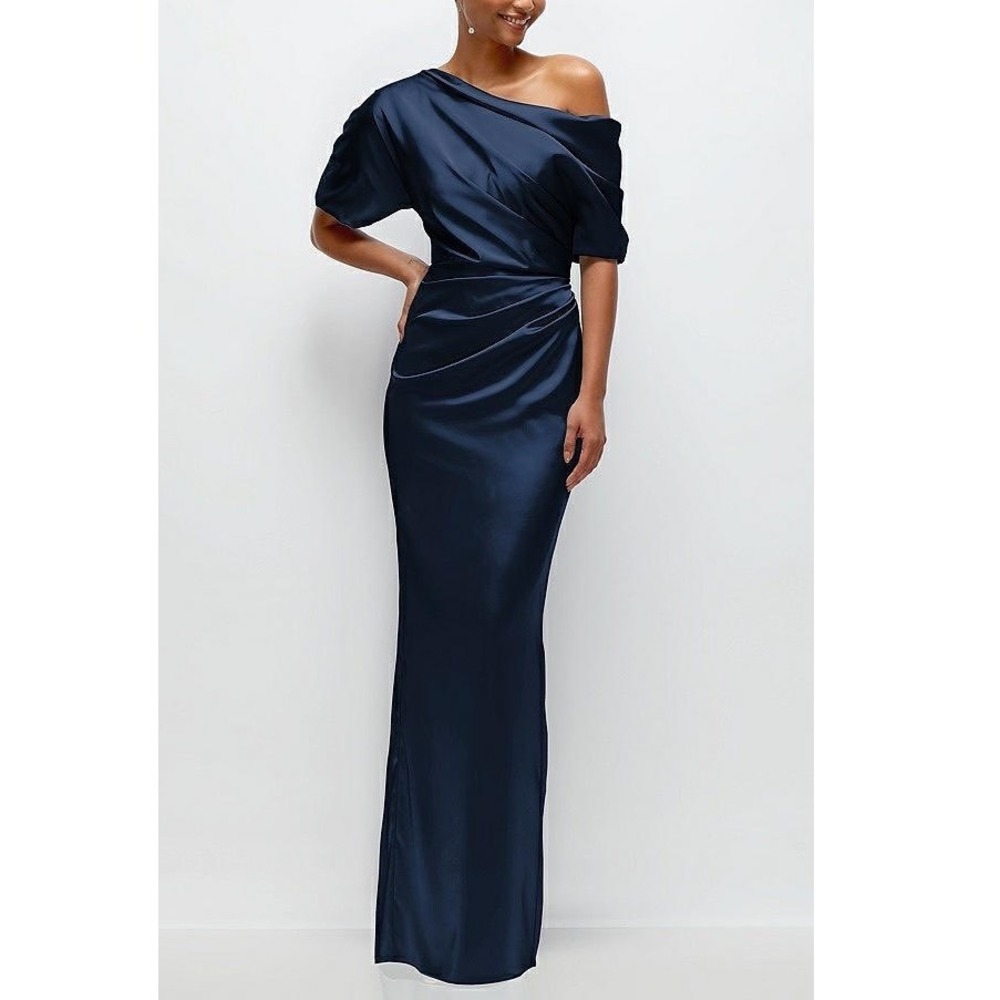 NWT. After Six One-Shoulder Satin Gown in Navy Blue